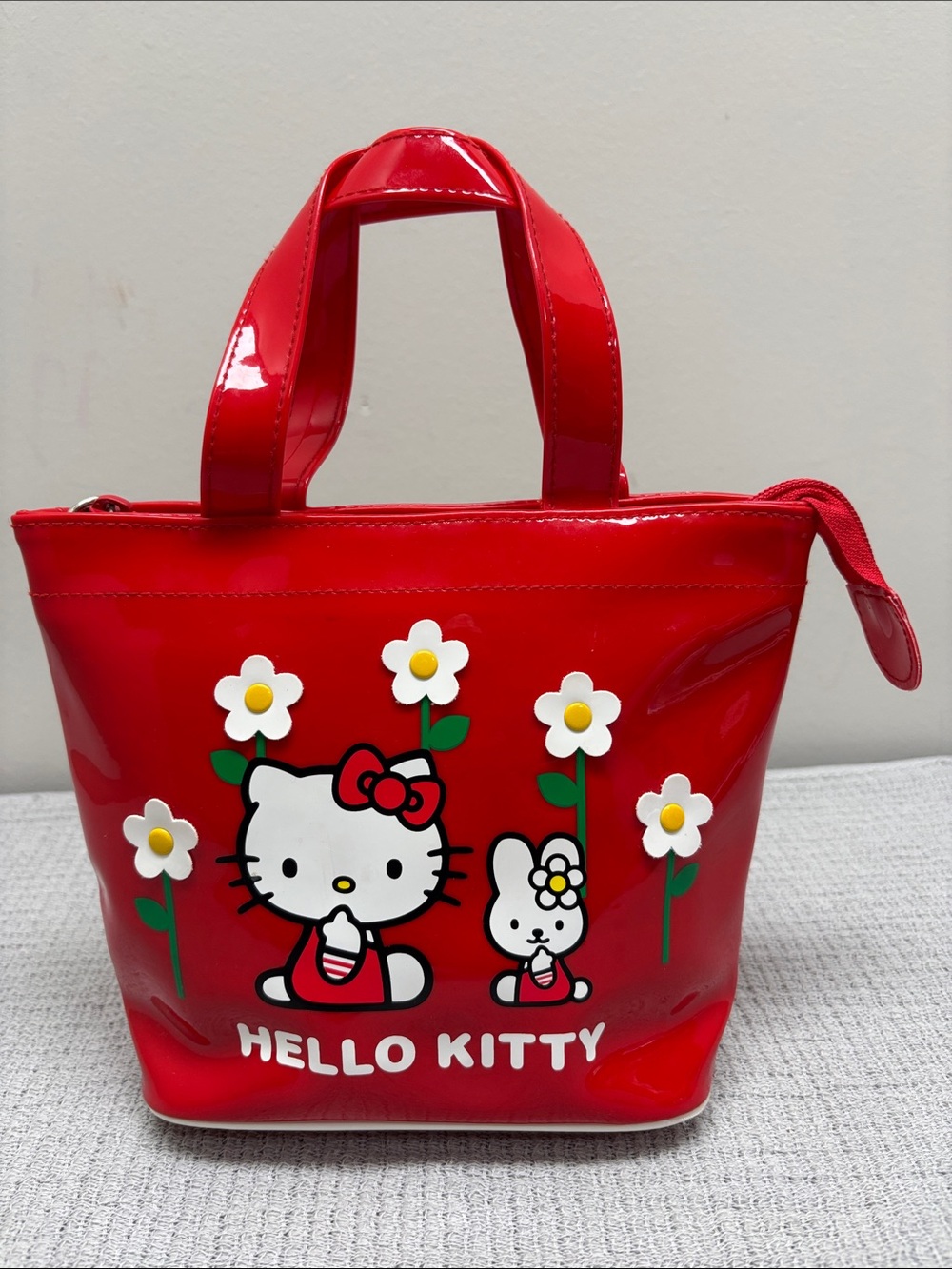 Vintage Hello Kitty Mini Zip Tote Bag Purse Sanrio Smiles Red PVC 1999 Y2K